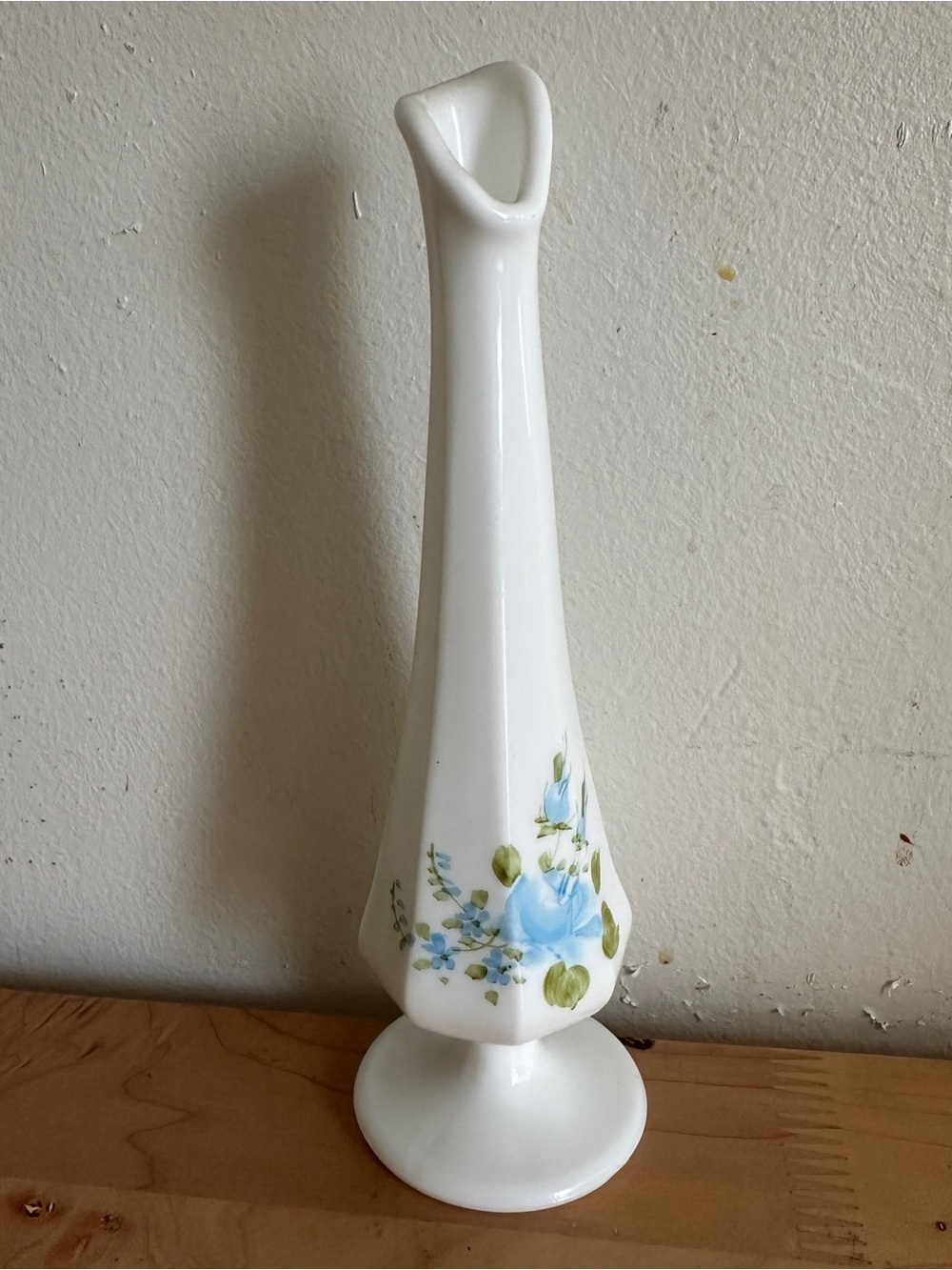 Vintage 8" Fenton Hand-Painted Satin Glass Bud Vase Blue Roses Signed by Artist